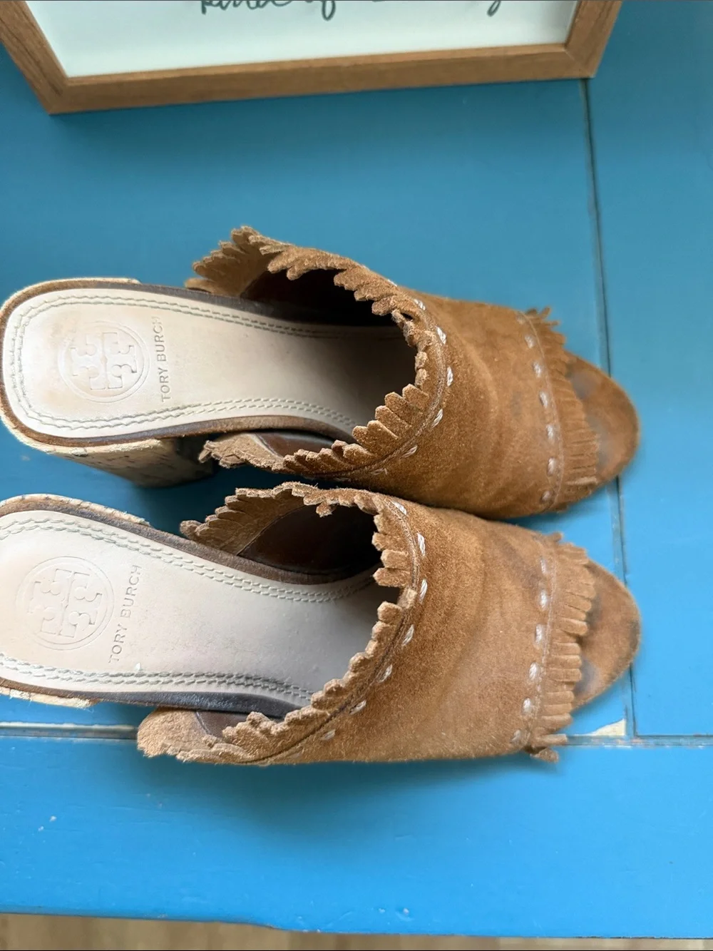 Tory Burch Chestnut Suede Fringe Slide Sandals